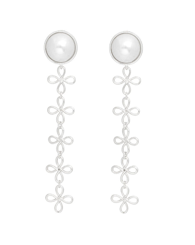 Dangle Dome Pearl Silver Looped Flower Earrings
