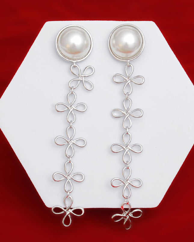 Dangle Dome Pearl Silver Looped Flower Earrings