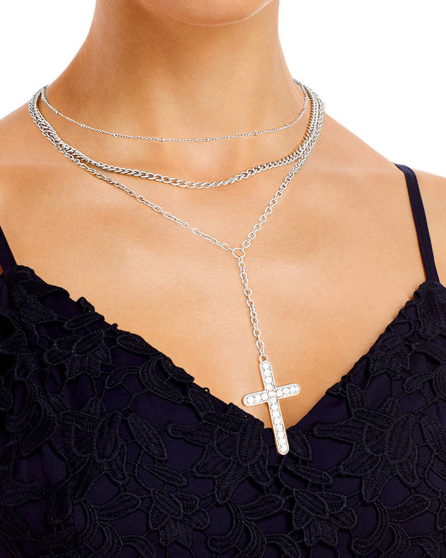 Silver Triple Chain Cross Set