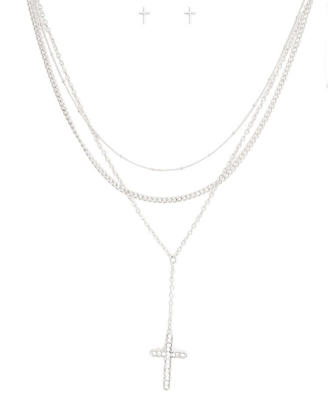Silver Triple Chain Cross Set