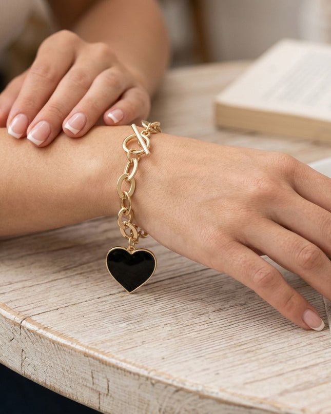 Black Heart Charm Gold Oval Chain Bracelet