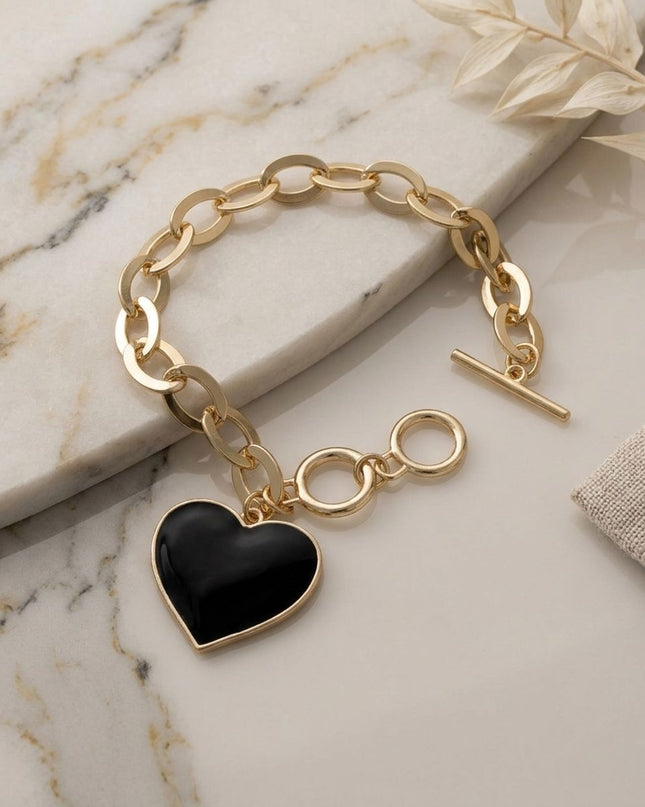 Black Heart Charm Gold Oval Chain Bracelet