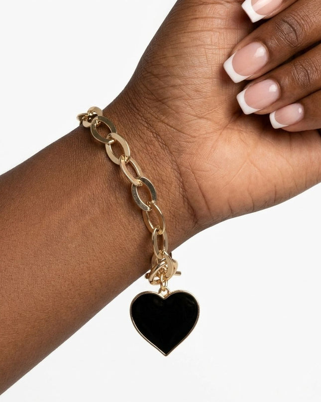 Black Heart Charm Gold Oval Chain Bracelet