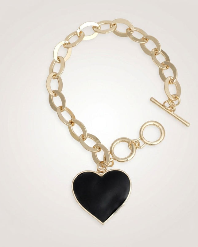 Black Heart Charm Gold Oval Chain Bracelet