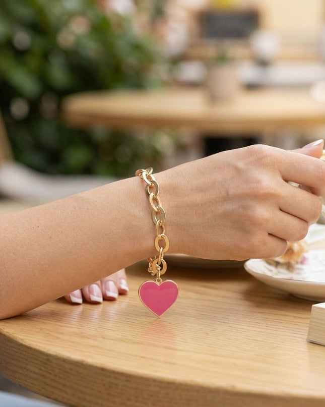 Pink Heart Charm Gold Oval Chain Bracelet