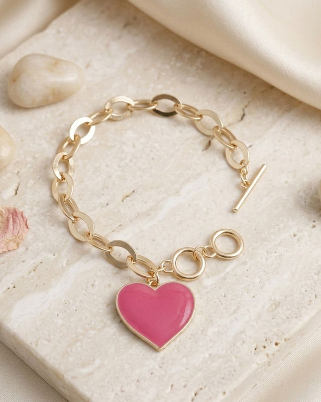 Pink Heart Charm Gold Oval Chain Bracelet