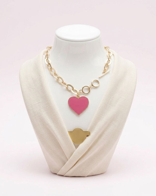 Pink Heart Charm Gold Oval Chain Bracelet
