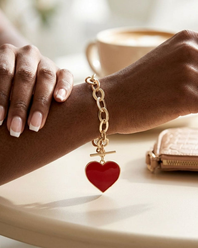 Red Heart Charm Gold Oval Chain Bracelet