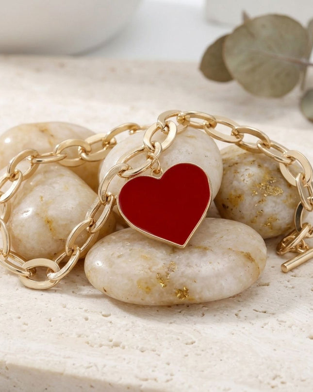 Red Heart Charm Gold Oval Chain Bracelet