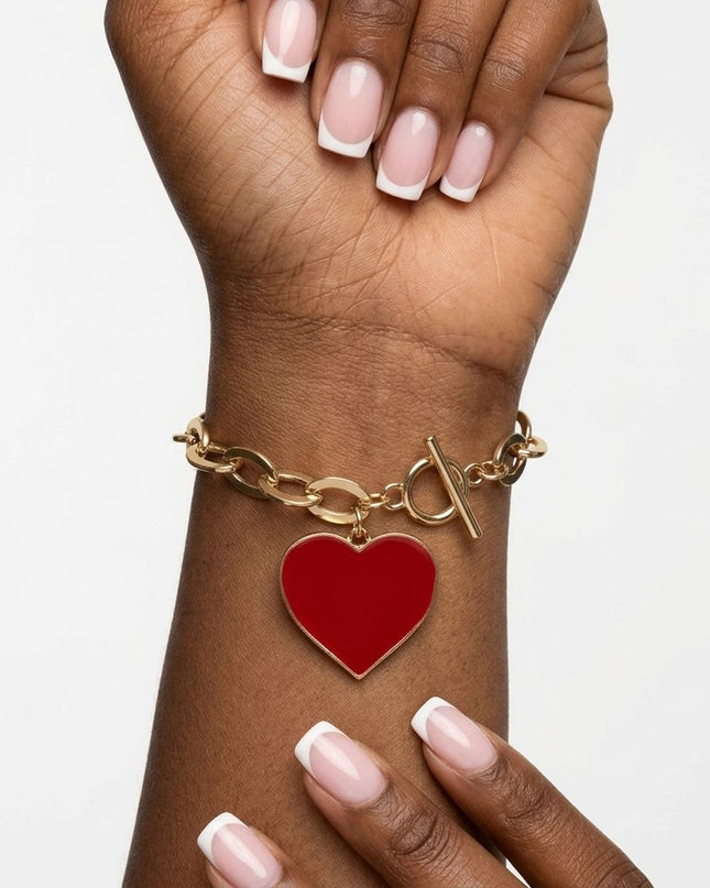 Red Heart Charm Gold Oval Chain Bracelet
