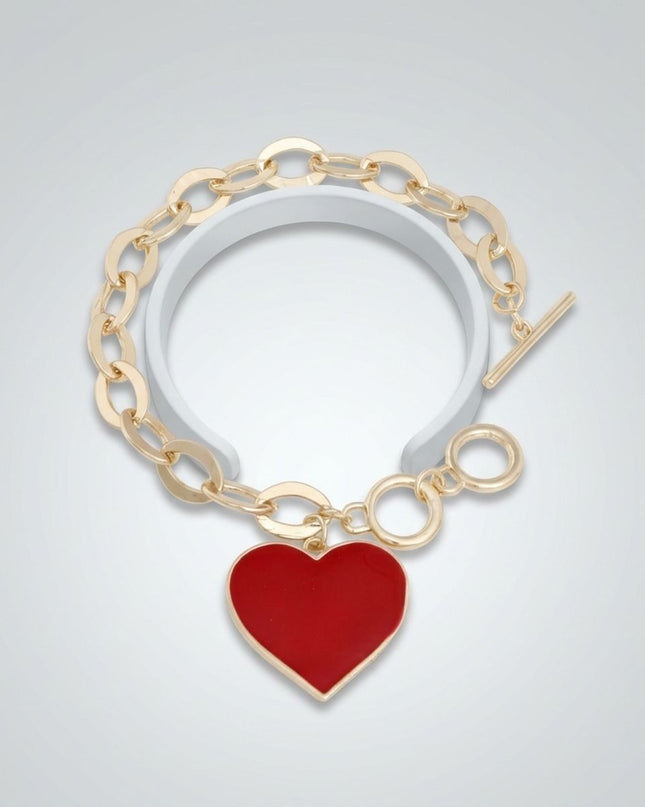 Red Heart Charm Gold Oval Chain Bracelet
