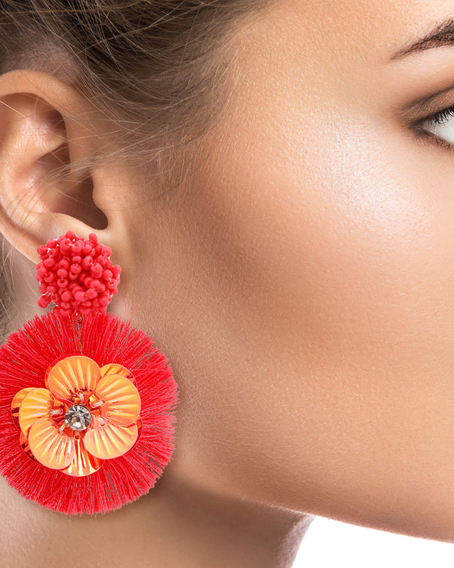Coral Sequin Flower Tassel Earrings