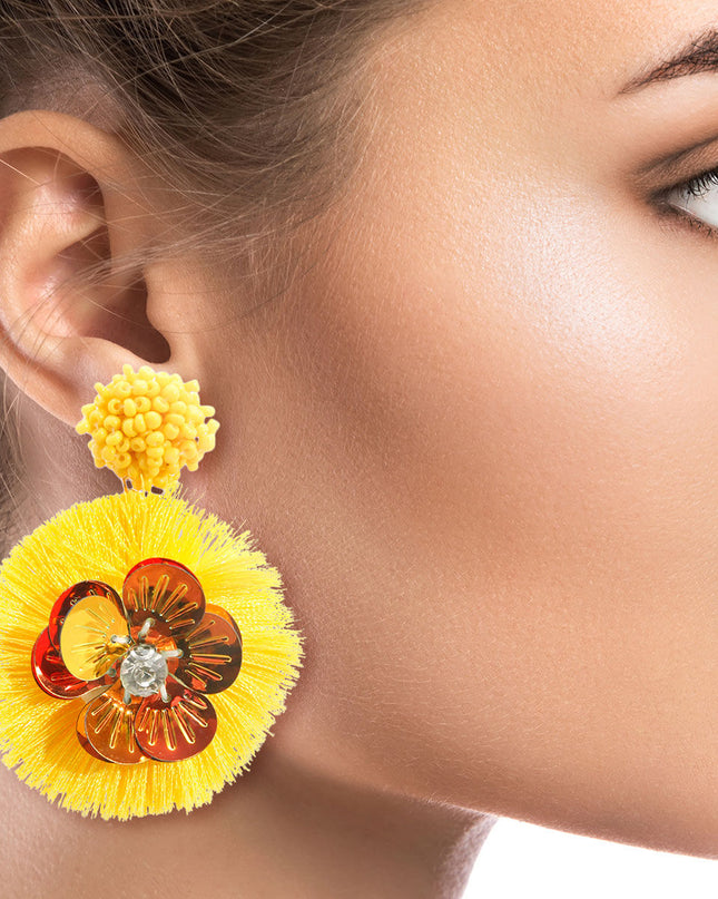 Yellow Sequin Flower Tassel Earrings