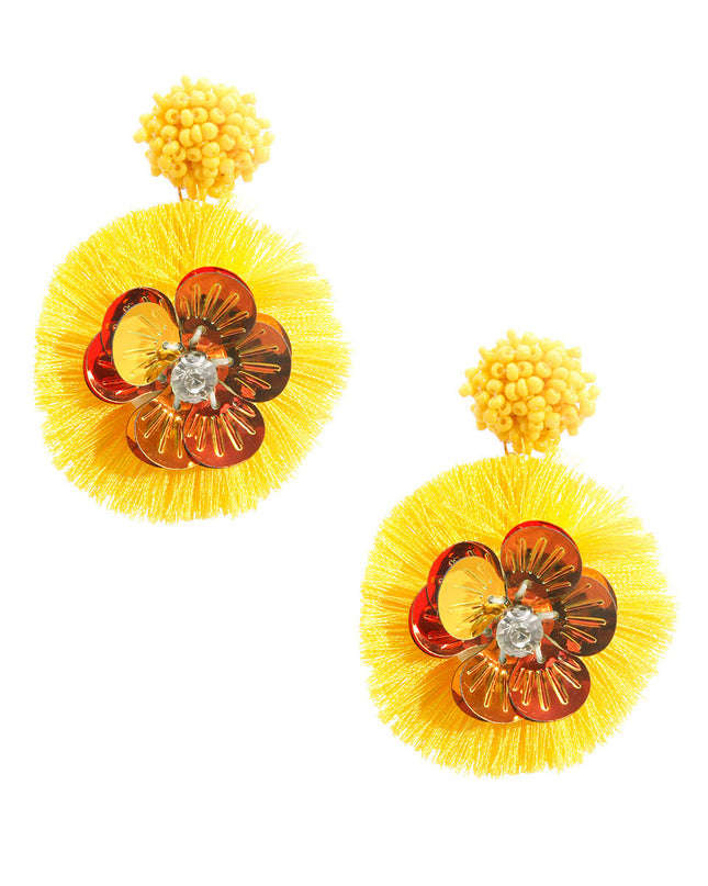 Yellow Sequin Flower Tassel Earrings
