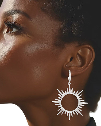 Drop Silver Open Hoop Sunburst Rhinestone Earrings