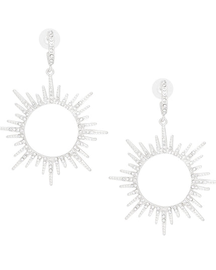 Drop Silver Open Hoop Sunburst Rhinestone Earrings