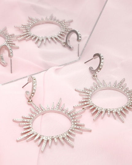 Drop Silver Open Hoop Sunburst Rhinestone Earrings