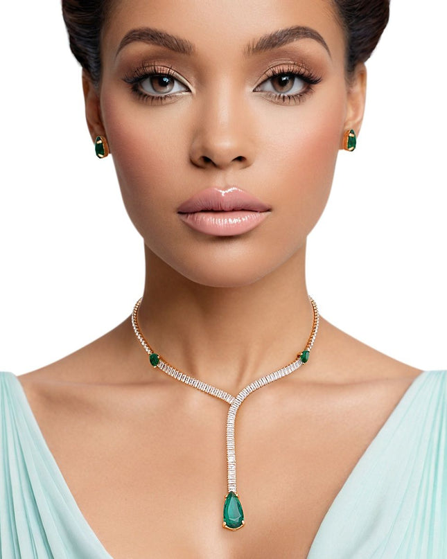 Formal Necklace Green Teardrop Crystal Y Set