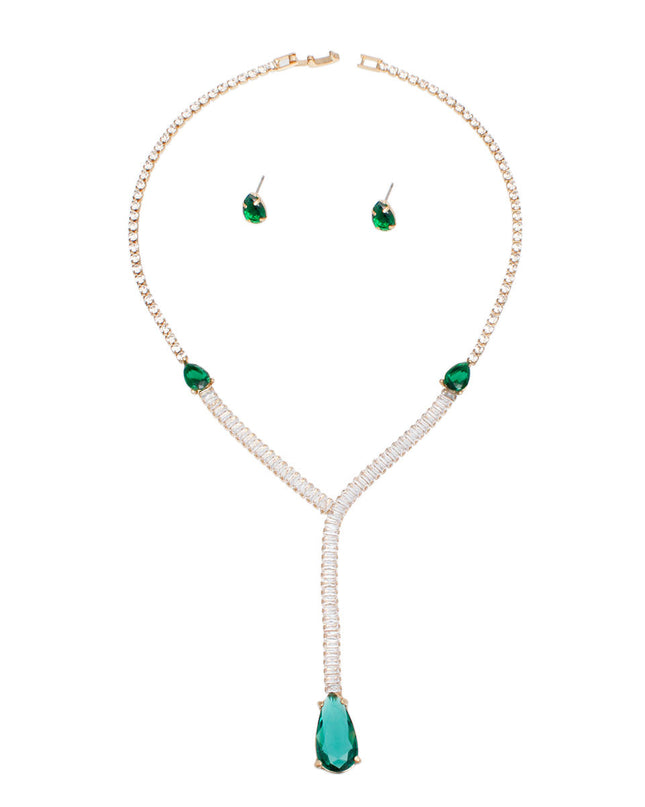 Formal Necklace Green Teardrop Crystal Y Set