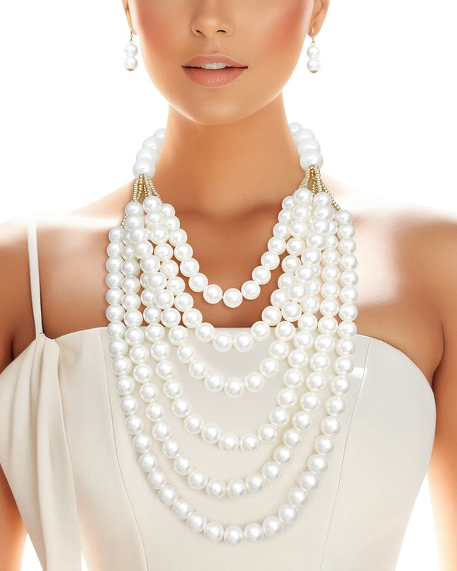 Pearl Long Layer 6 Strand Cream Chunky Necklace