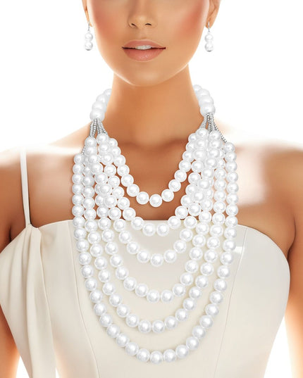 Pearl Long Layer 6 Strand White Chunky Necklace