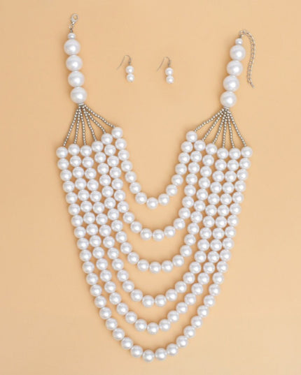Pearl Long Layer 6 Strand White Chunky Necklace