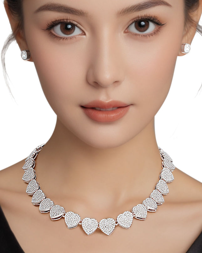 Chain Silver Pave Heart Link Necklace Set Women