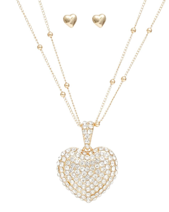 Pendant Gold 2 Layer Puffy Rhinestone Heart Set