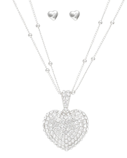 Pendant Silver 2 Layer Puffy Rhinestone Heart Set