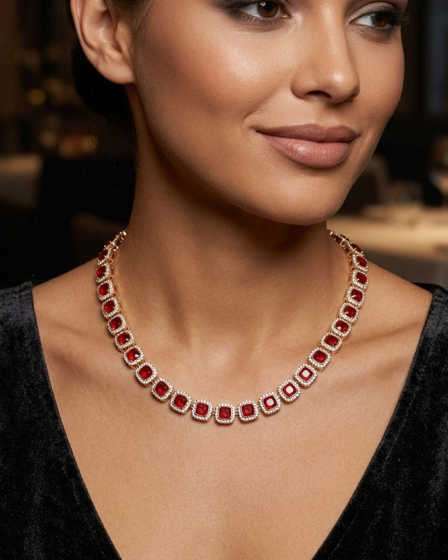 Tennis Red Cushion Cut Crystal Halo Luxe Necklace