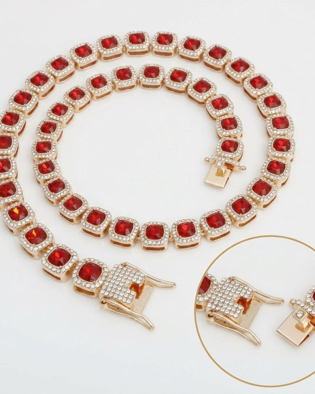 Tennis Red Cushion Cut Crystal Halo Luxe Necklace