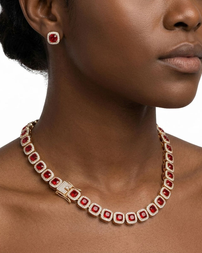 Tennis Red Cushion Cut Crystal Halo Luxe Necklace