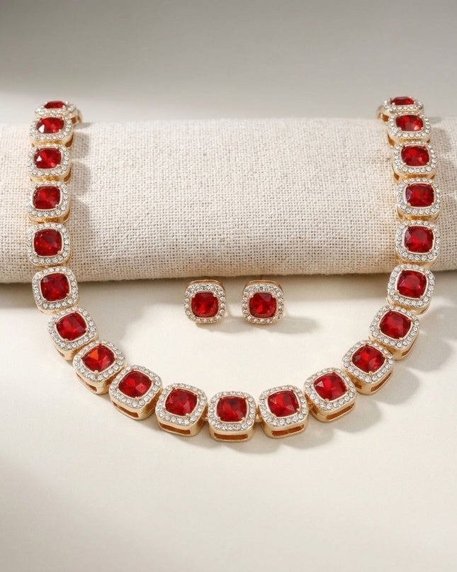 Tennis Red Cushion Cut Crystal Halo Luxe Necklace