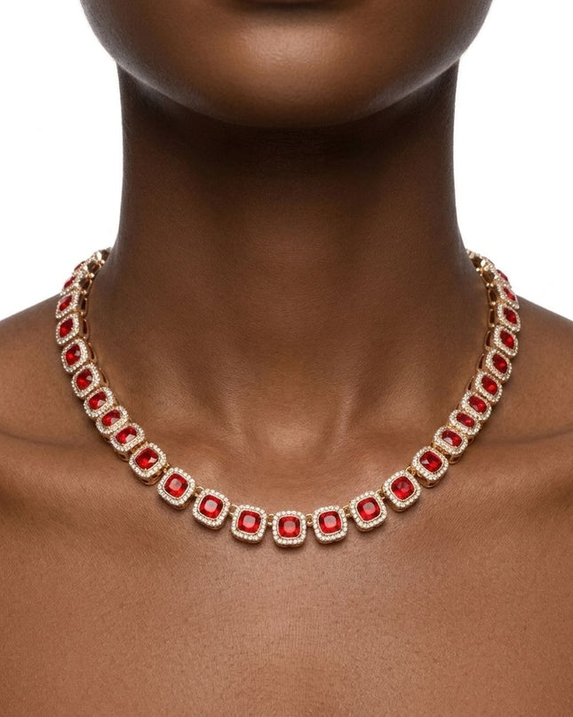 Tennis Red Cushion Cut Crystal Halo Luxe Necklace