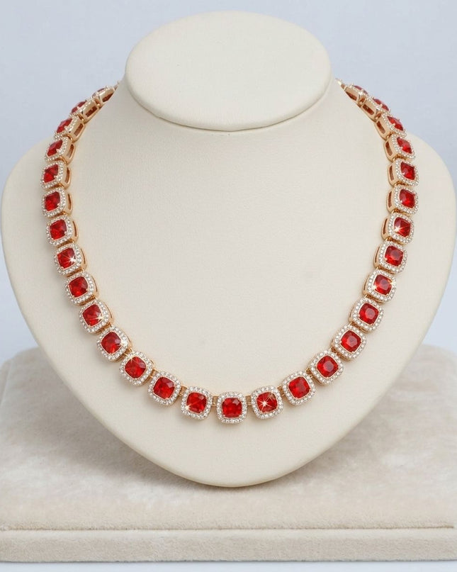 Tennis Red Cushion Cut Crystal Halo Luxe Necklace