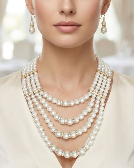 4 Strand Cream Glass Pearl Rhinestone Necklace