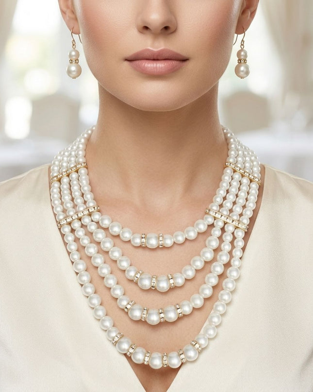 4 Strand Cream Glass Pearl Rhinestone Necklace