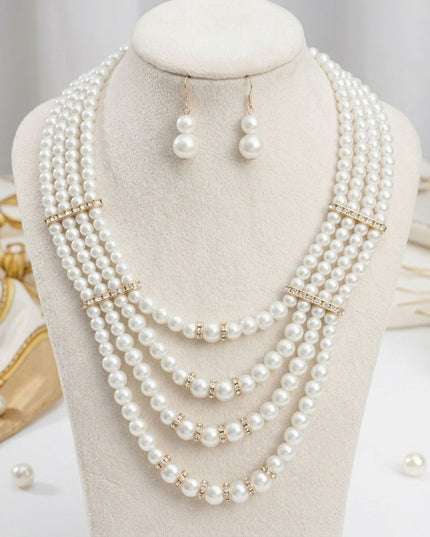4 Strand Cream Glass Pearl Rhinestone Necklace