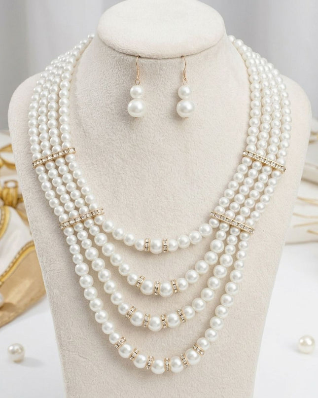 4 Strand Cream Glass Pearl Rhinestone Necklace