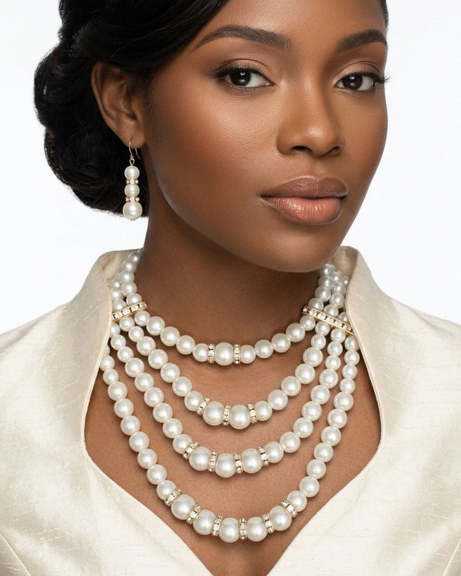 4 Strand Cream Glass Pearl Rhinestone Necklace