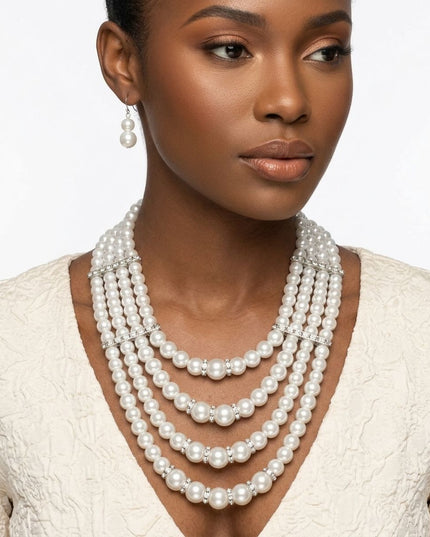 4 Strand White Glass Pearl Rhinestone Necklace