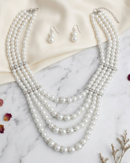 4 Strand White Glass Pearl Rhinestone Necklace