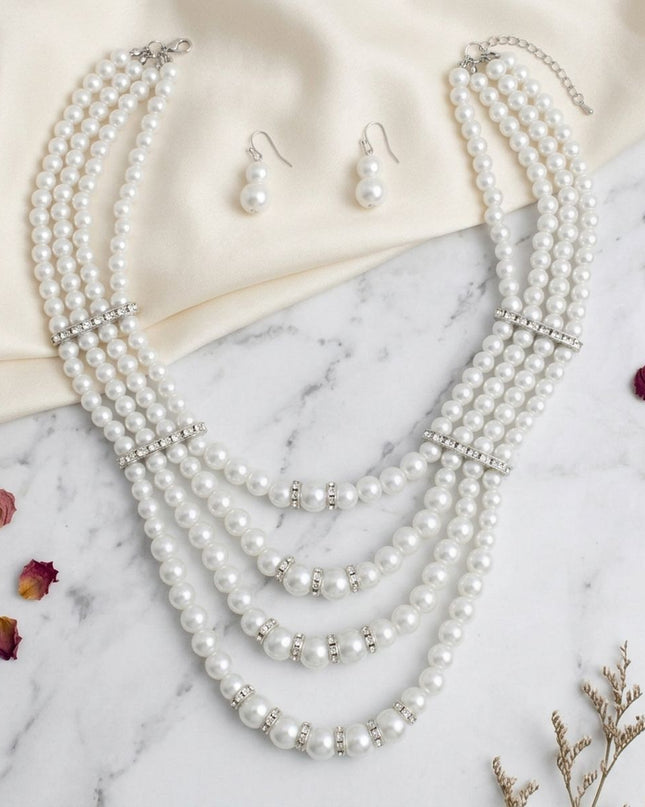 4 Strand White Glass Pearl Rhinestone Necklace