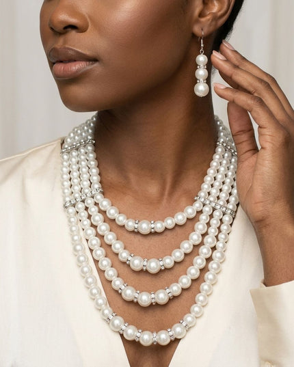 4 Strand White Glass Pearl Rhinestone Necklace