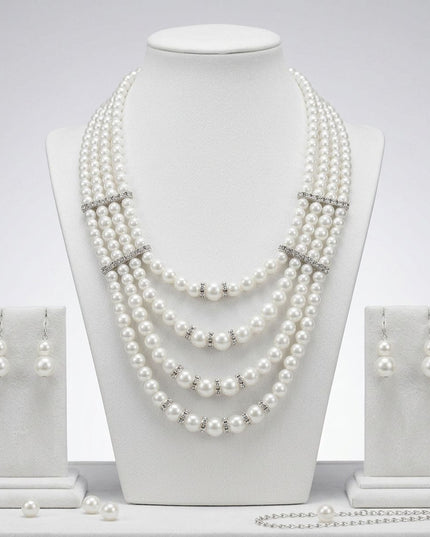 4 Strand White Glass Pearl Rhinestone Necklace