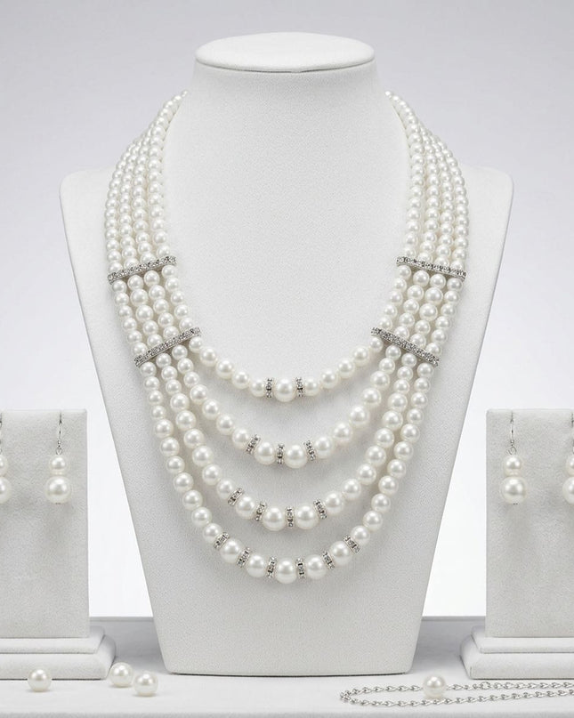 4 Strand White Glass Pearl Rhinestone Necklace