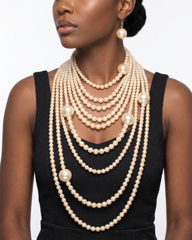 Cream Pearl 9 Strand Long Layer Luminous Necklace