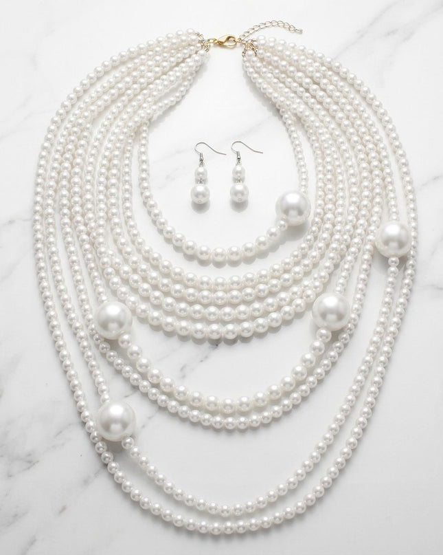 White Pearl 9 Strand Long Layer Luminous Necklace
