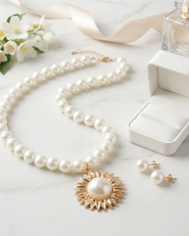 Gold Sunburst Cream Pearl Pendant Necklace