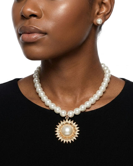 Gold Sunburst Cream Pearl Pendant Necklace